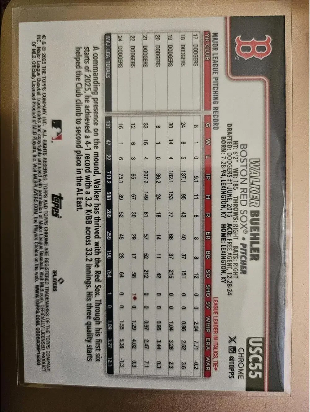 2025 Topps Chrome Update B/W - Walker Buehler  #USC55 - Red Sox - RAW Mint - Picture 2 of 2